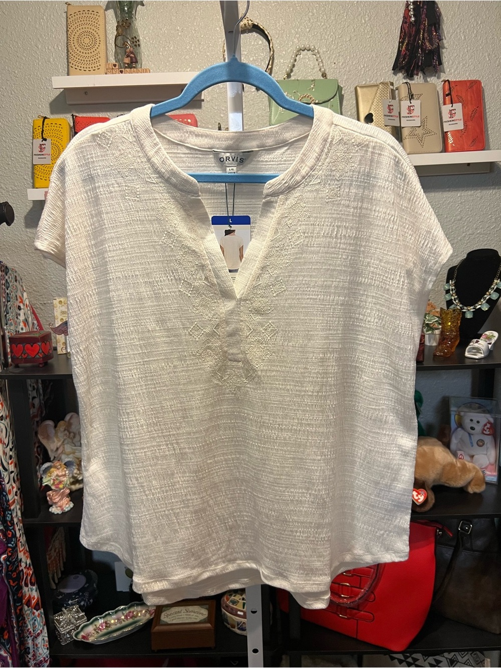 Orvis Cream Textured Split-Neck Top